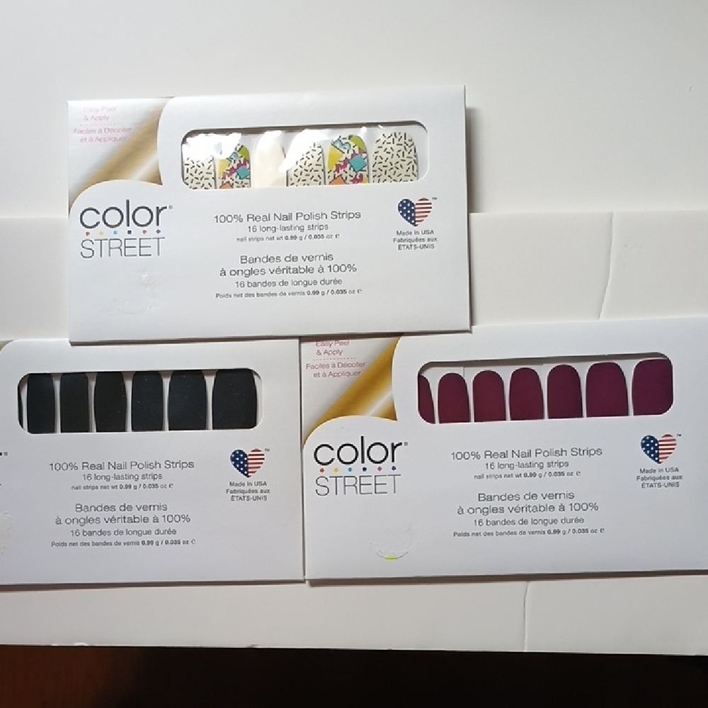 Color Street Nail Polish Strips Trio - Black, Pink, Multicolor